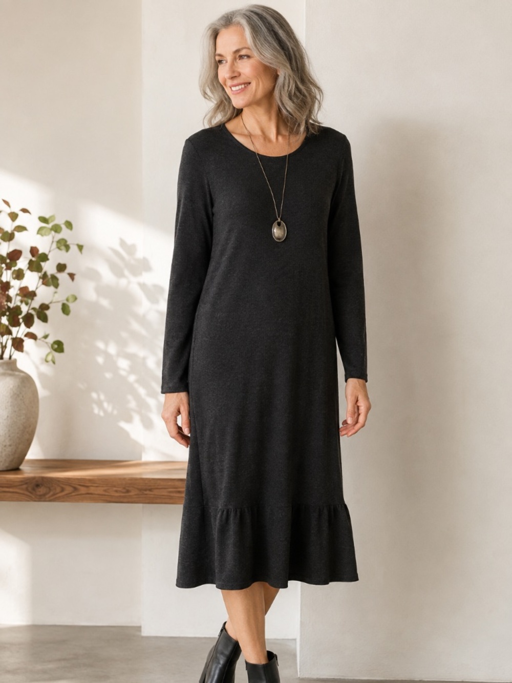 Eileen Fisher Merino Wool Dress XL Charcoal Gray Long Sleeve Ruffle Hem NWT